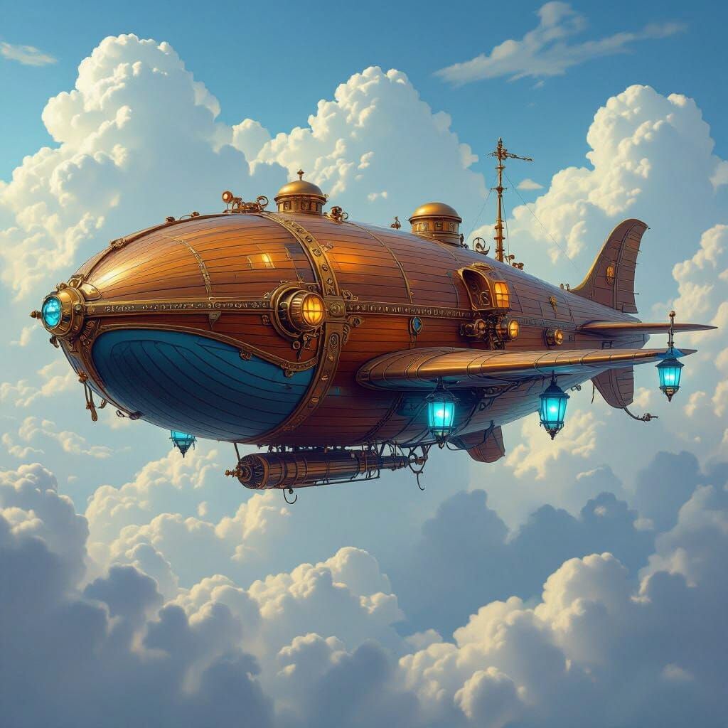 Whale-Shaped Steampunk Airship Soaring Through Cloudy Sky