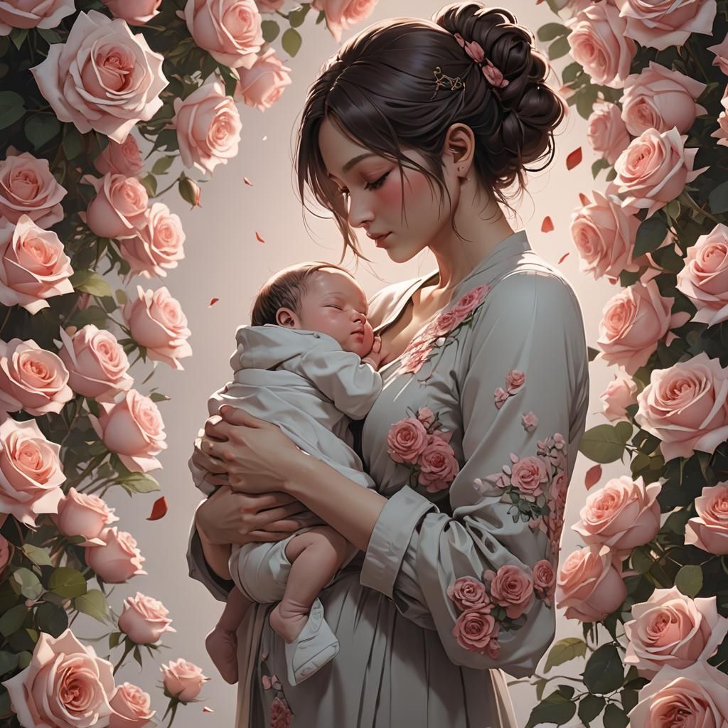 Mother and Newborn in Anime Art Style