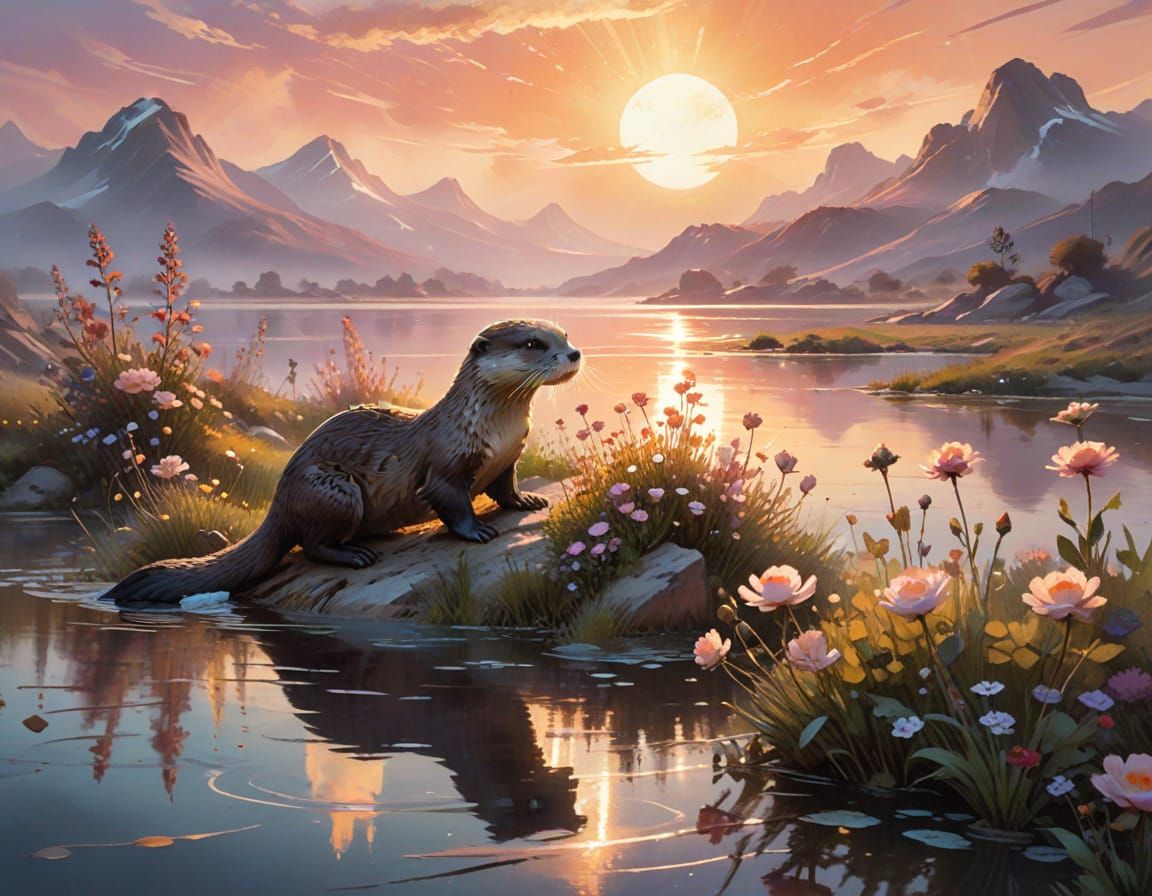 Moonlit Otter in Misty Lagoon: Impressionist Watercolor