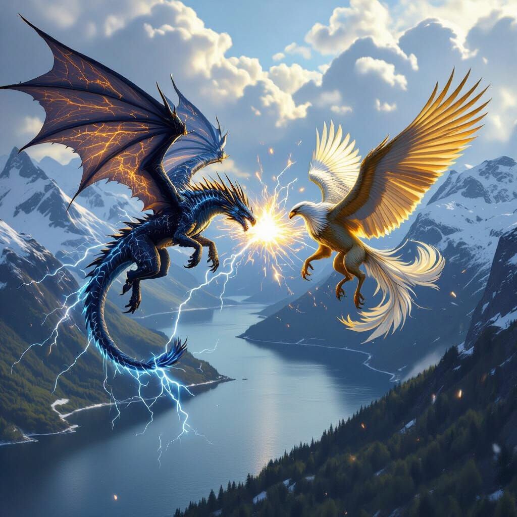 Wyvern and Griffin Battle Over Fjord