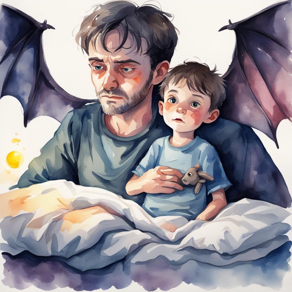 Watercolor Nightmare: Winged Figure Over Child