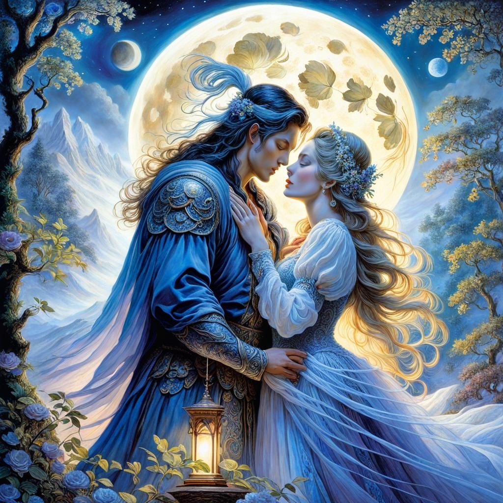 Lovers Embrace Under Full Moon in Mystical Art
