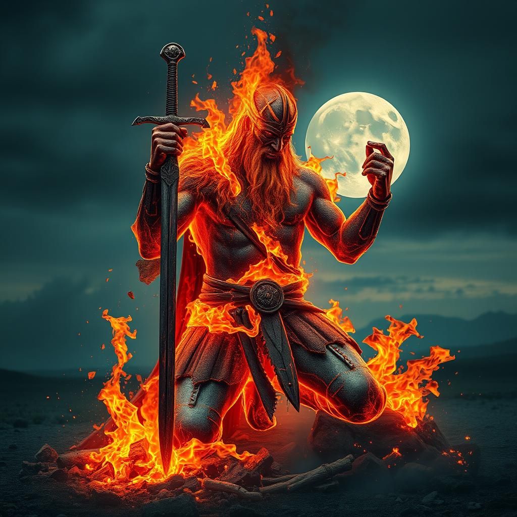 Viking god of fire kneeling holding his sword #01
