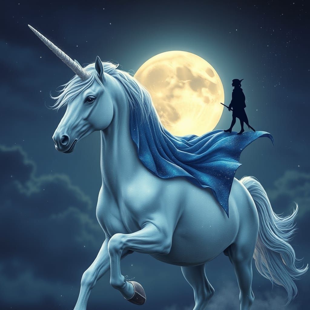 Unicorn and Elf in Dreamy Moonlit Night Sky