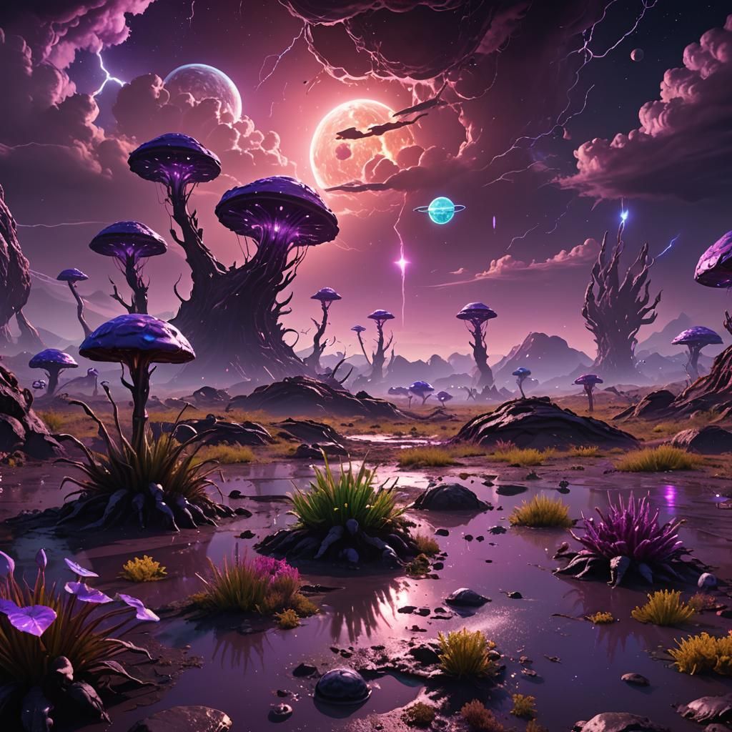 Vibrant Alien Landscape with Bioluminescent Flora