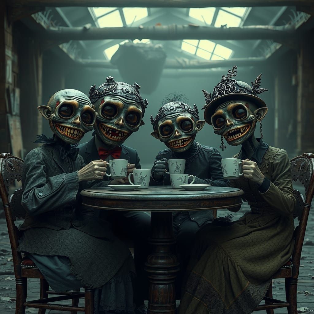 Uncanny valley distorted face of a happy creepy unsettling goth family smiley with shiny dentures and googly eyes drinki...