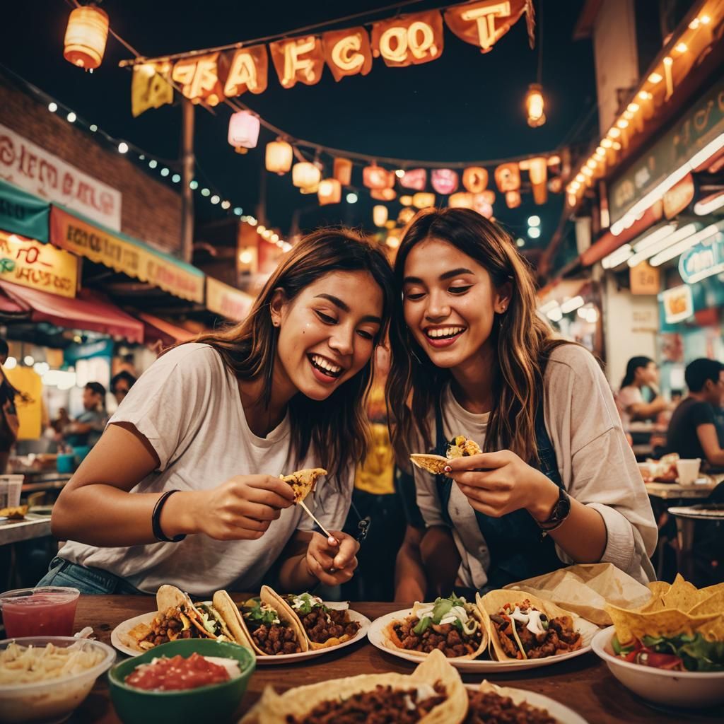 Girls Enjoying Street Tacos in Cinematic Style