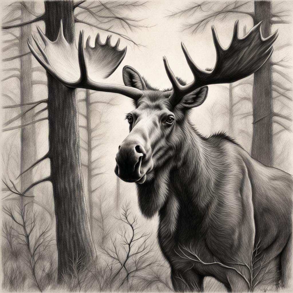 Detailed Charcoal Drawing of a Forest Moose