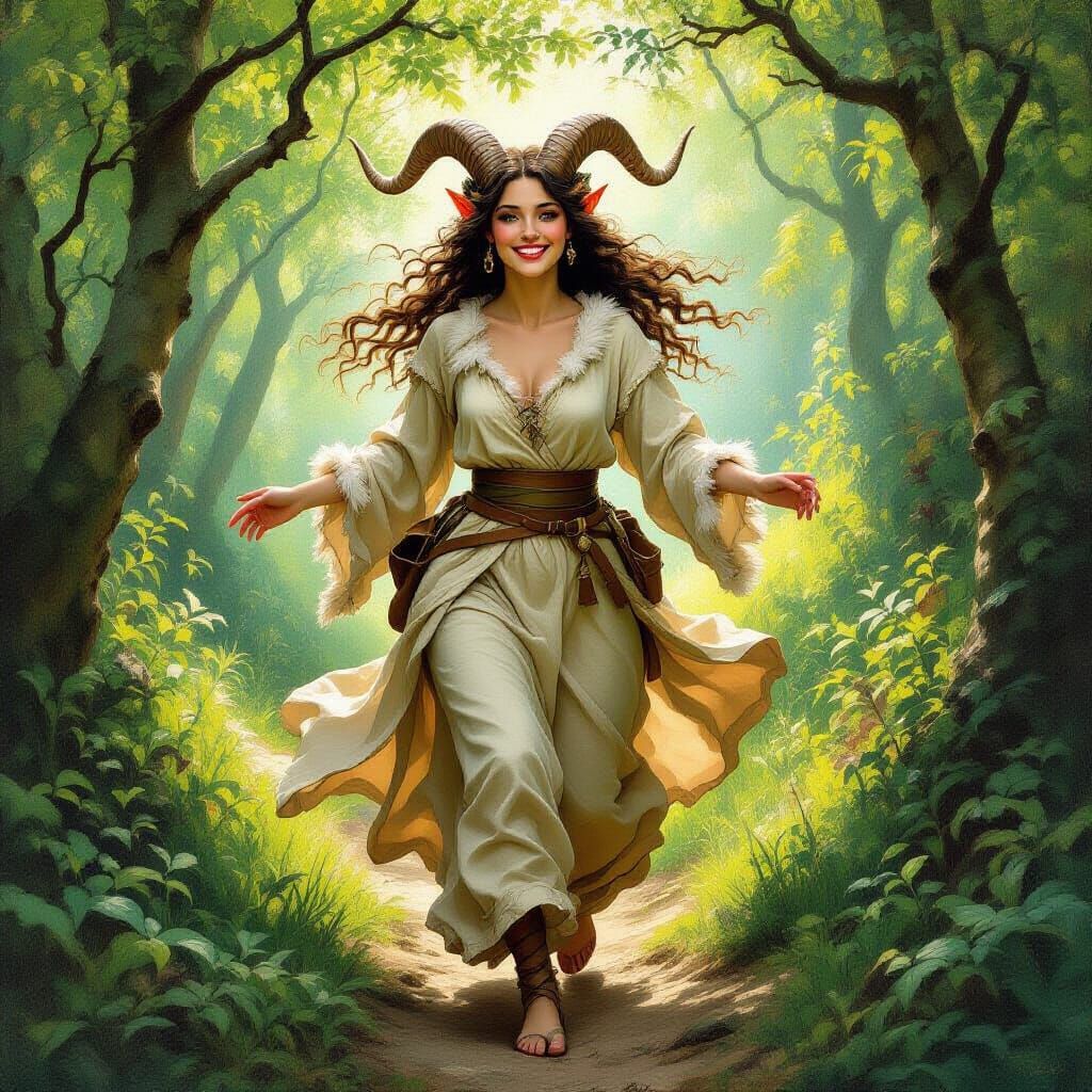 Female Pan in Forest, Oil Painting Style