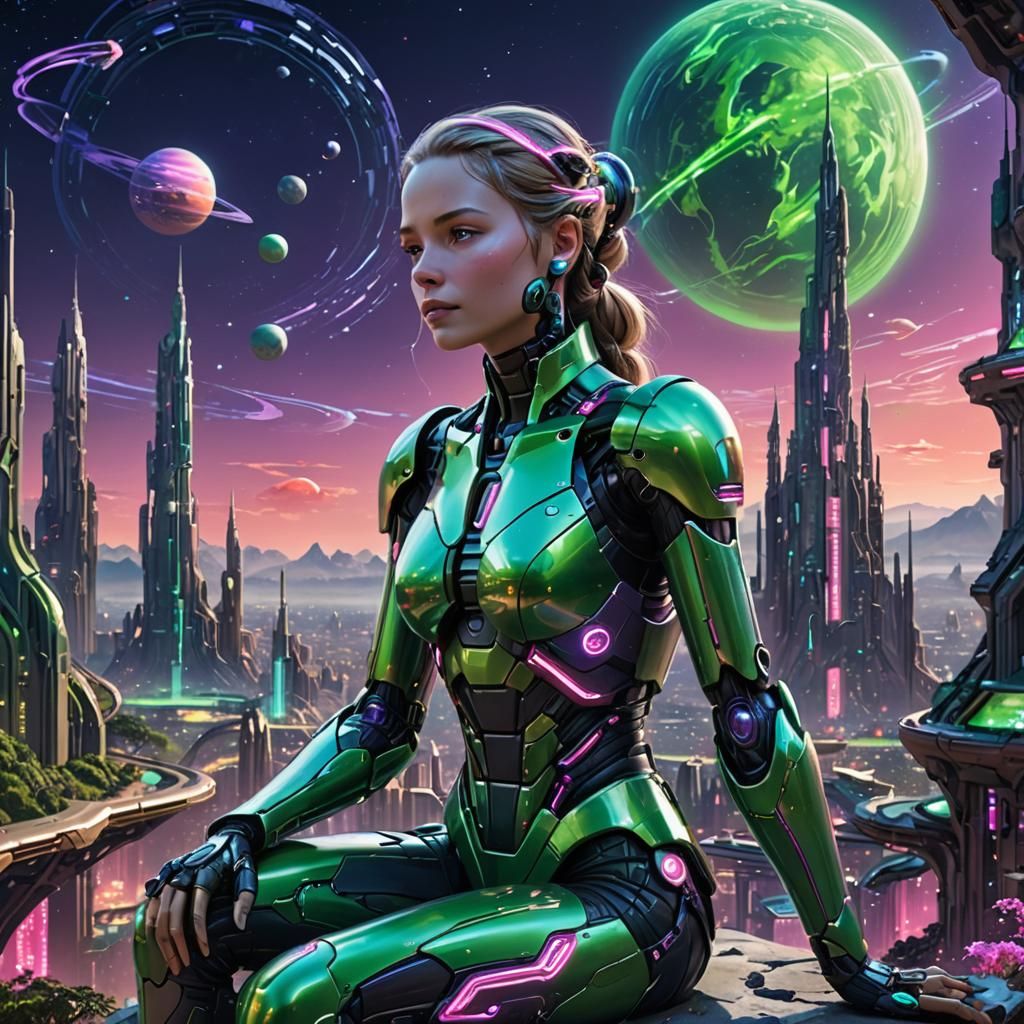 Android Overlooking a Futuristic Cityscape