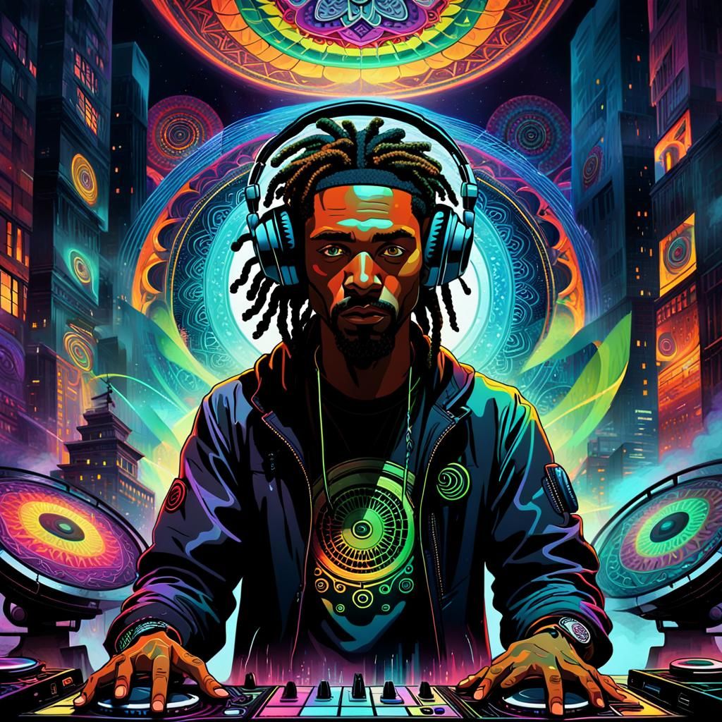 Futuristic Reggae DJ in Psychedelic Dub Soundscape