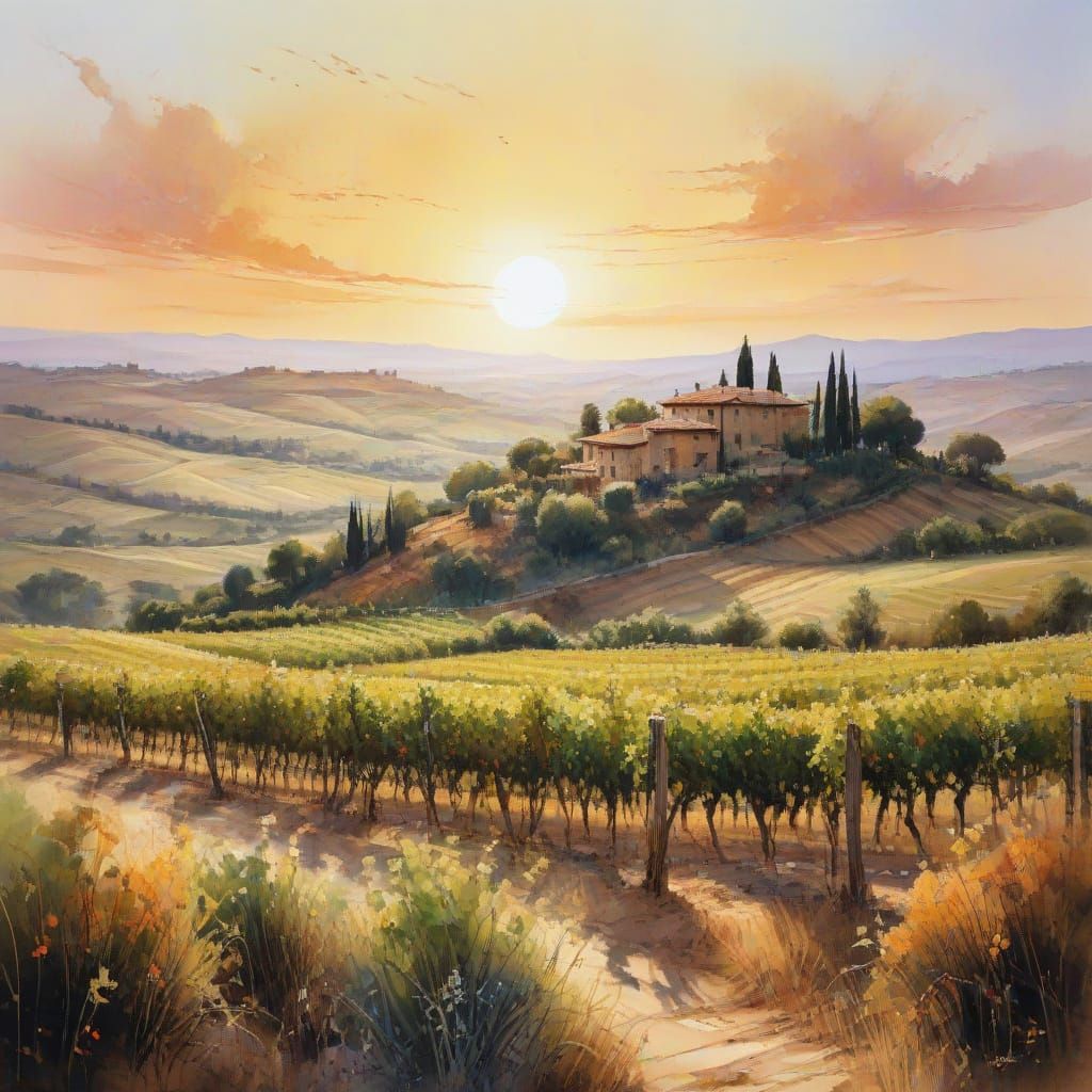 Tuscan Vineyard at Sunset: Watercolour Pastoral Idyll
