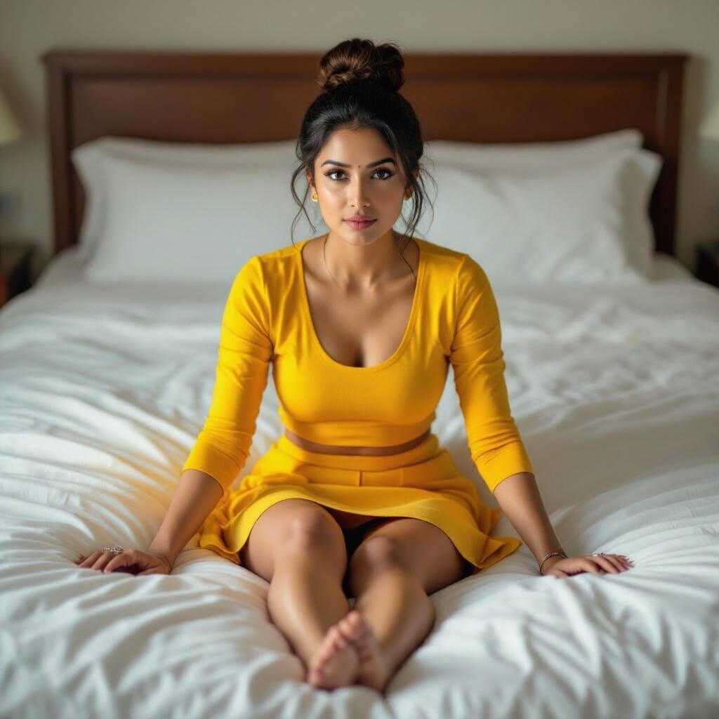 Indian Woman in Yellow on Bed, Golden Hour