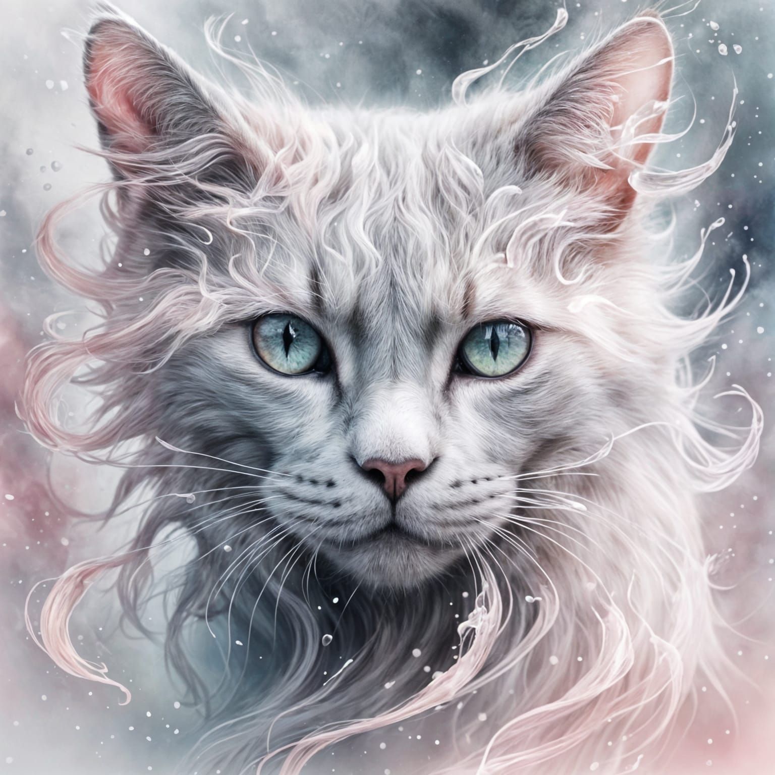 Ethereal Feline Spirit in Ink Splash Watercolor Art