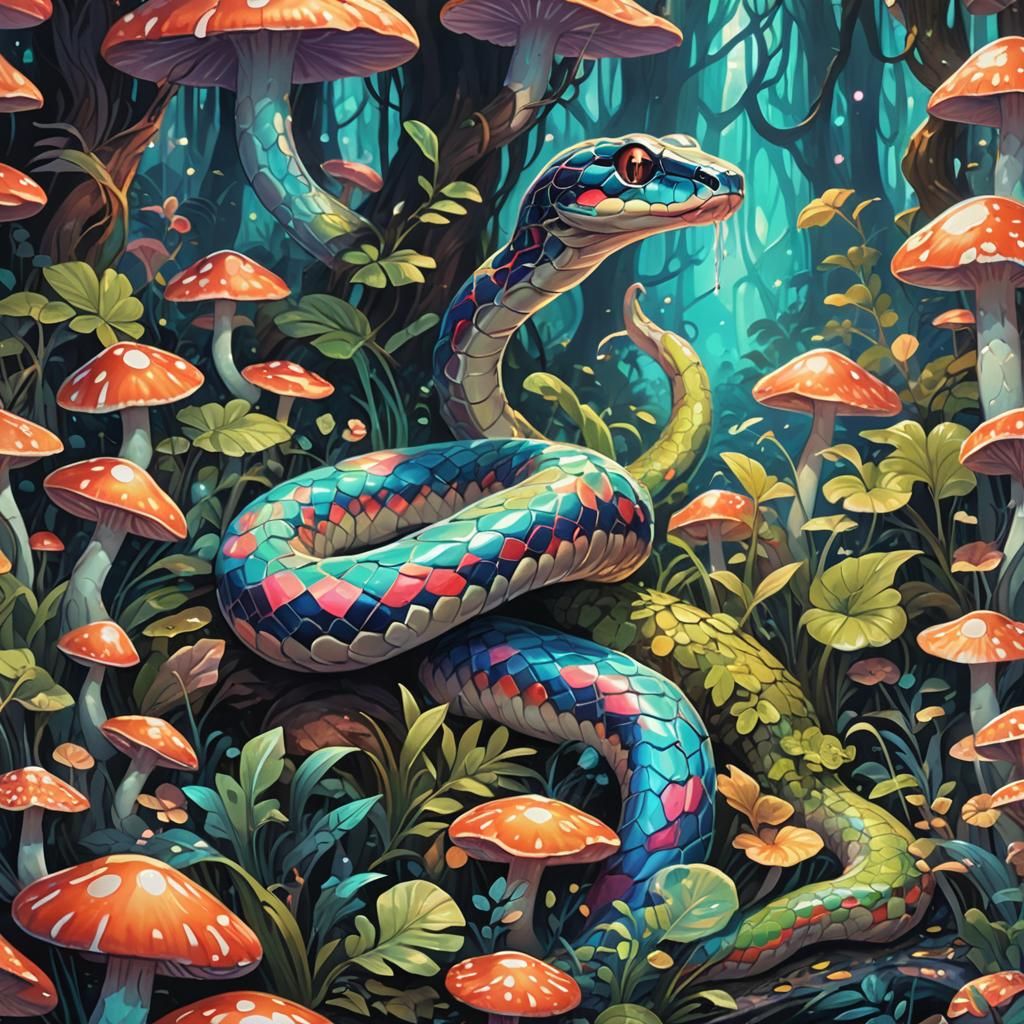 Glowing Snake in Iridescent Mushroom Forest, Anime Art