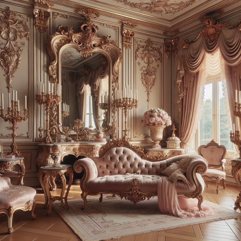 Rococo Boudoir with Gilded Mouldings and Baroque Mirrors