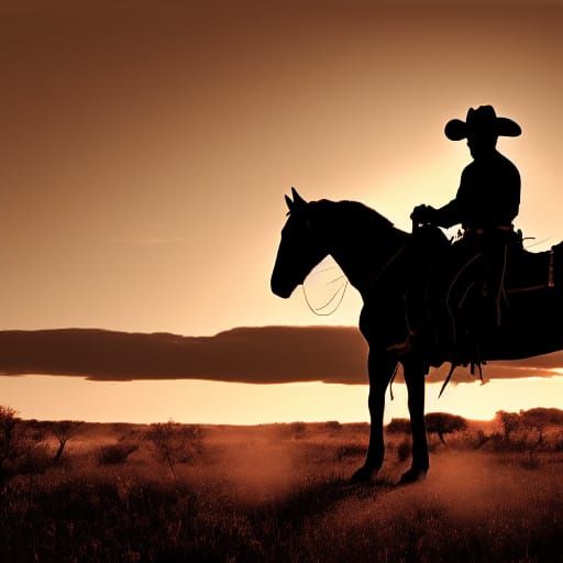 Cowboy Silhouette at Sunset: Western Vintage Art