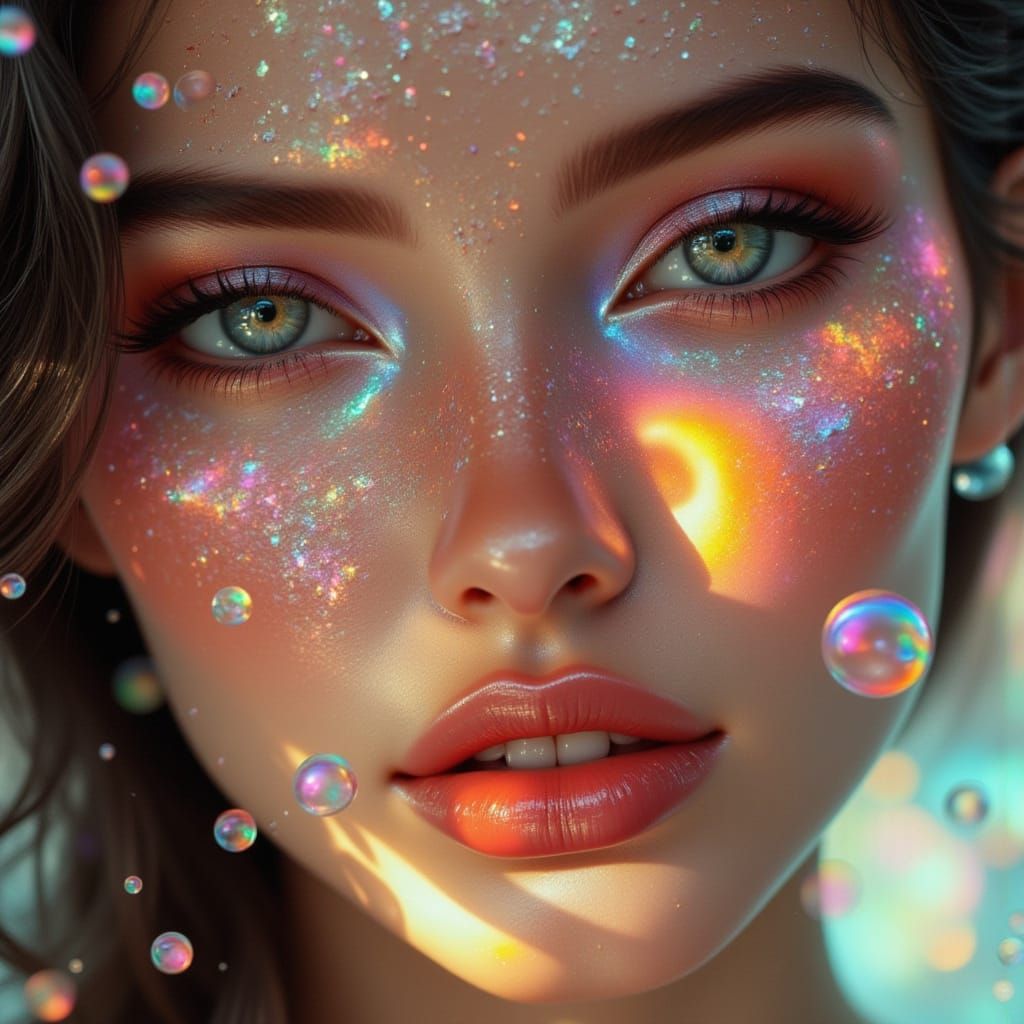 Iridescent Portrait with Glitch and Sparkle Effects