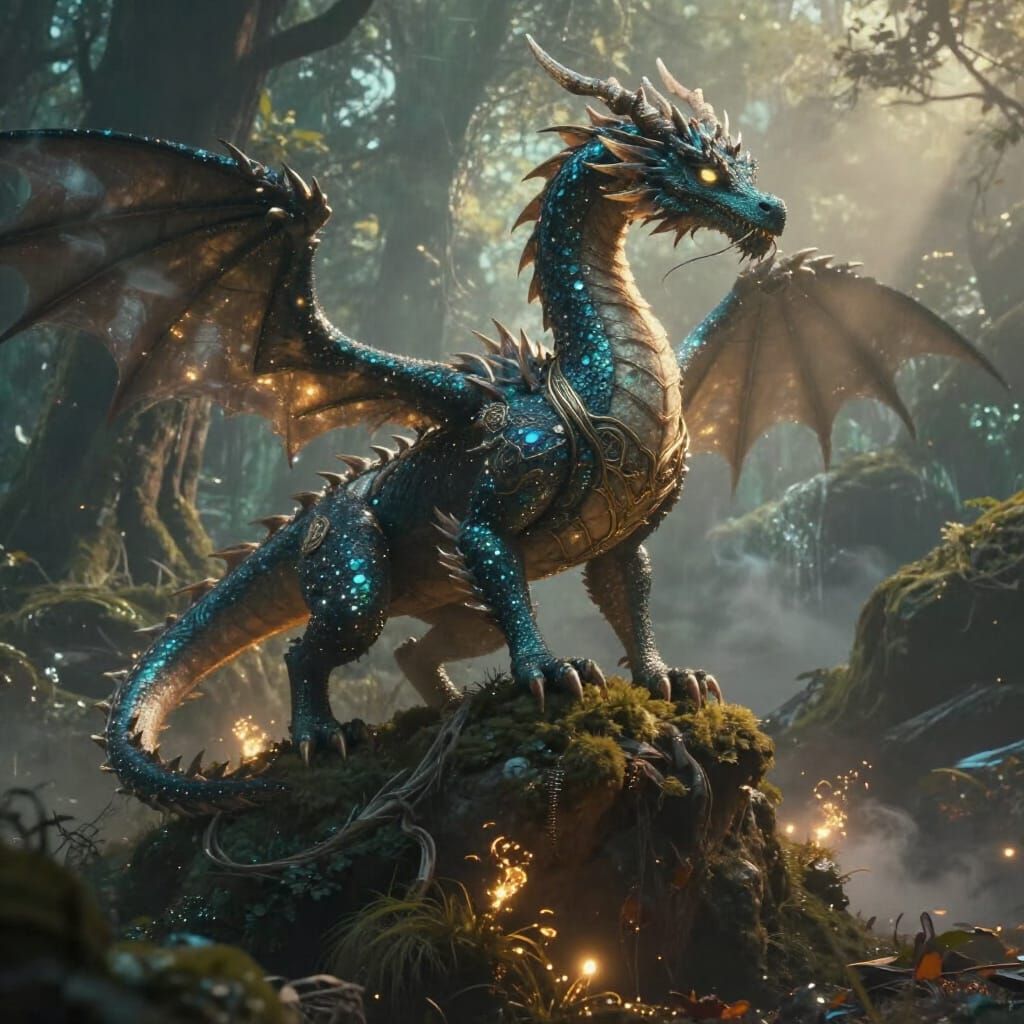 Mystical Dragon in Ethereal Forest Digital Painting
