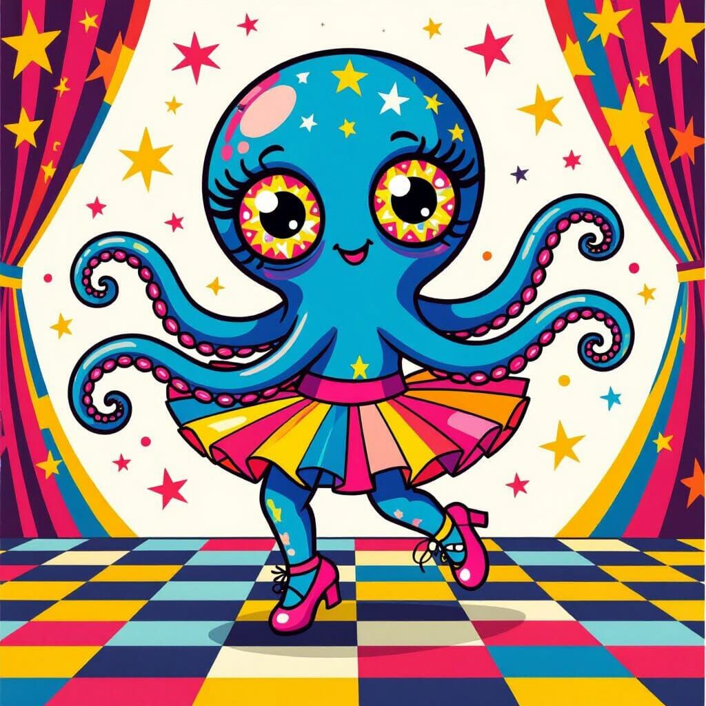 Cartoon Octopus Tap Dancing in Pop Art Style