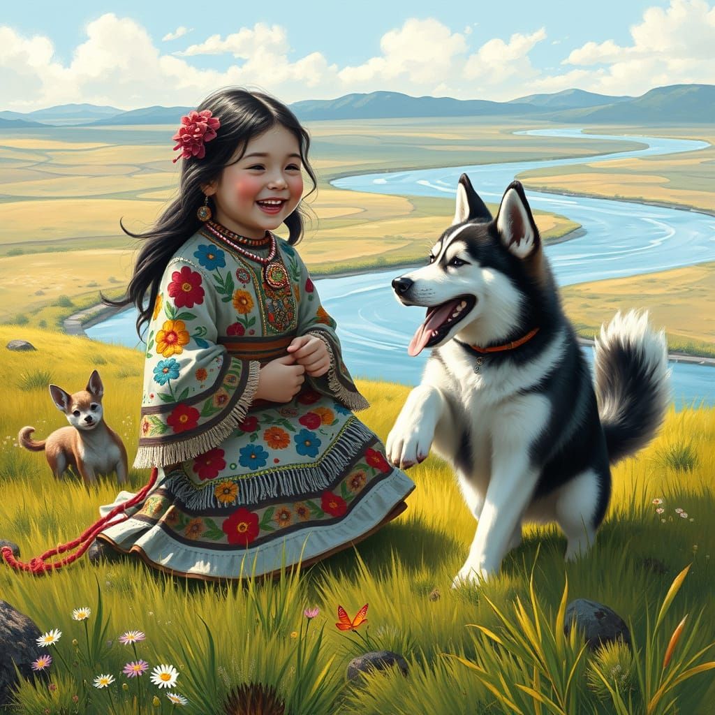 Alaskan Girl Plays with Husky Puppy in Summer Tundra Landsca...