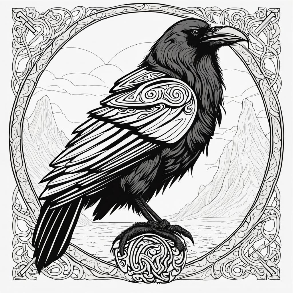 Viking Raven: Black and White Line Art