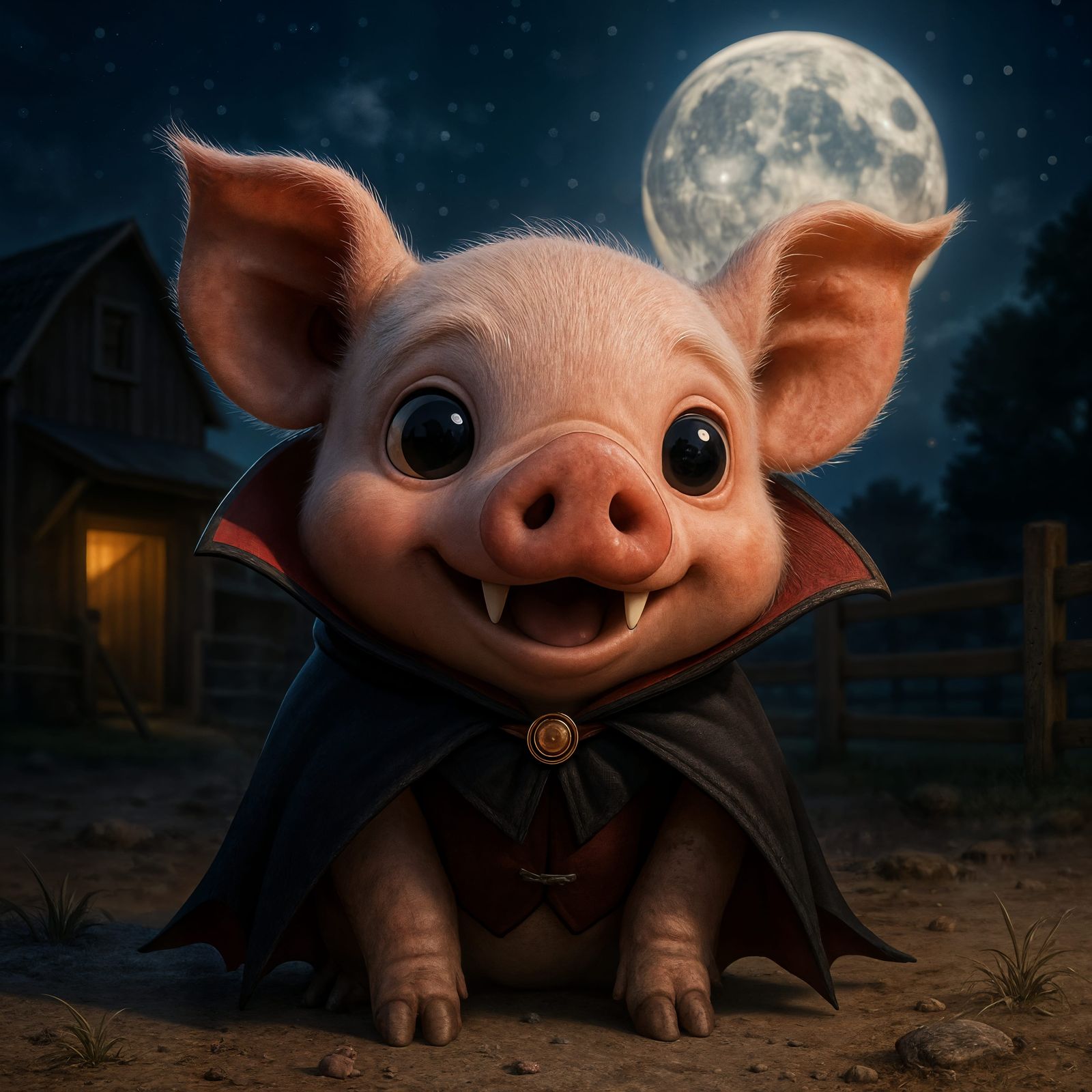 Adorable Cartoon Vampire Pig on a Farm at Night