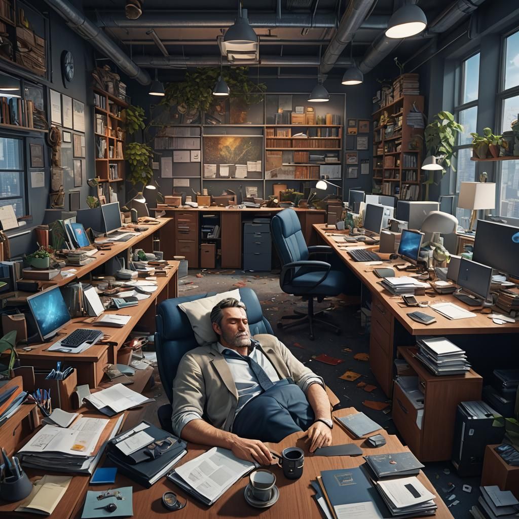 Man Sleeping in Busy Office: Detailed Matte Painting
