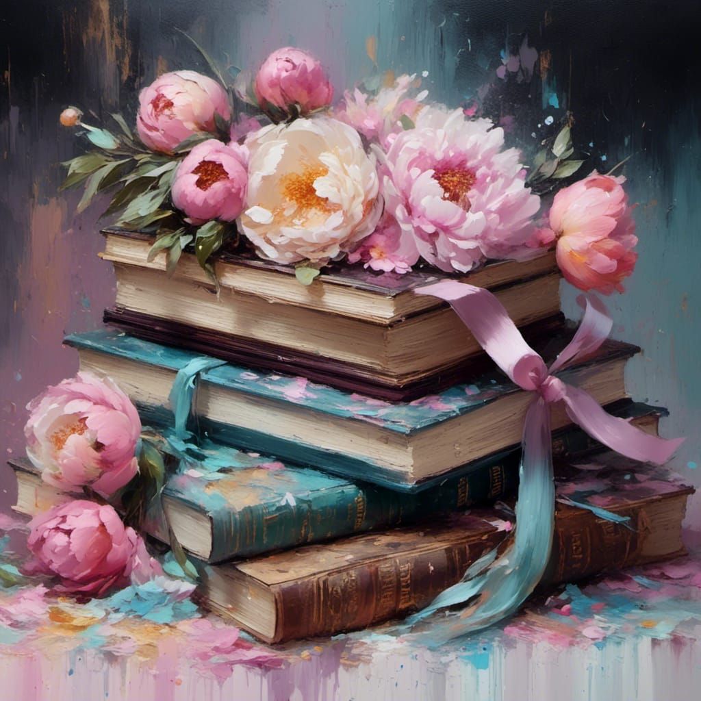 Pastel Still Life with Books and Peonies