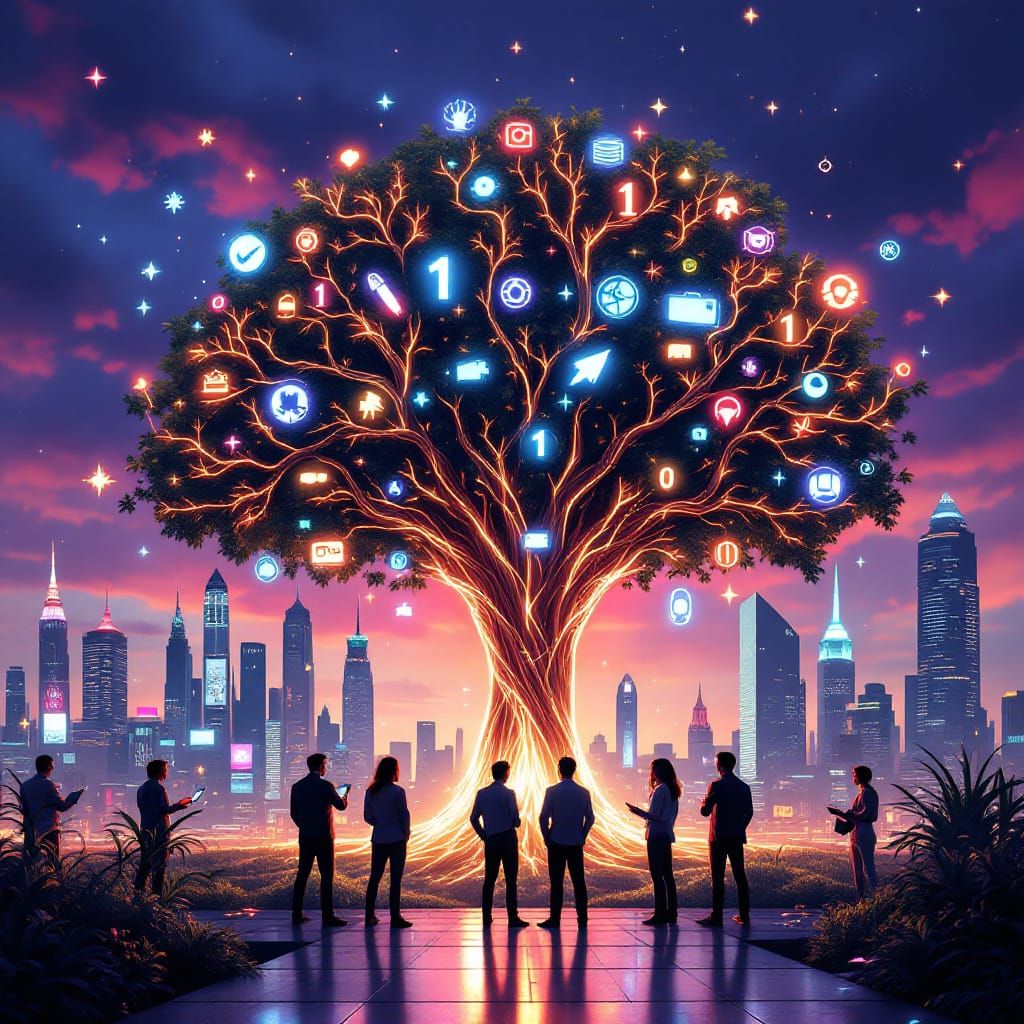 Futuristic Neon Cityscape with Creative Services Tree