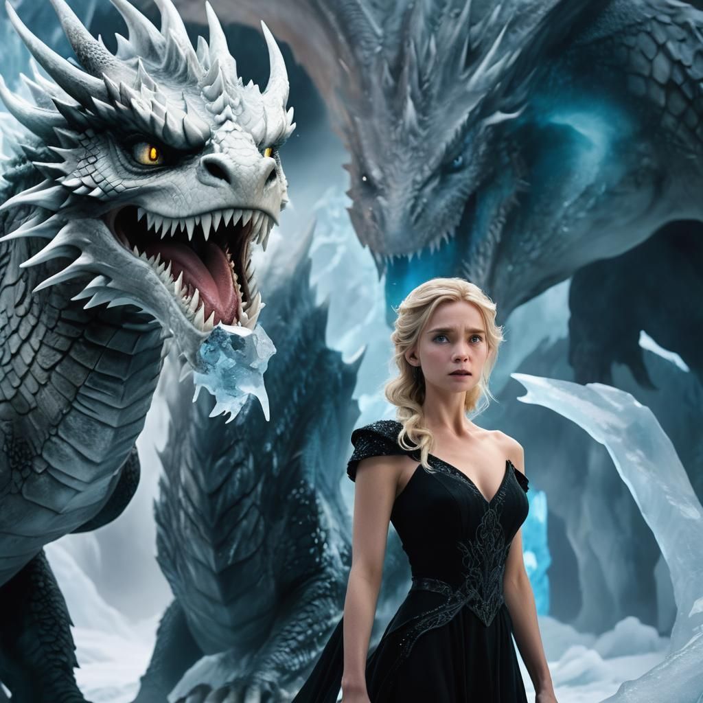 Woman Controls Ice Dragon in Icy Cavern