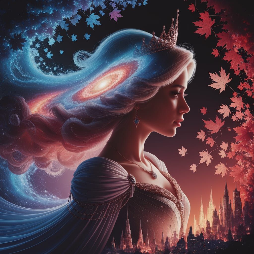 Princess Silhouette Dissolving into Galaxy with Autumn Citys...