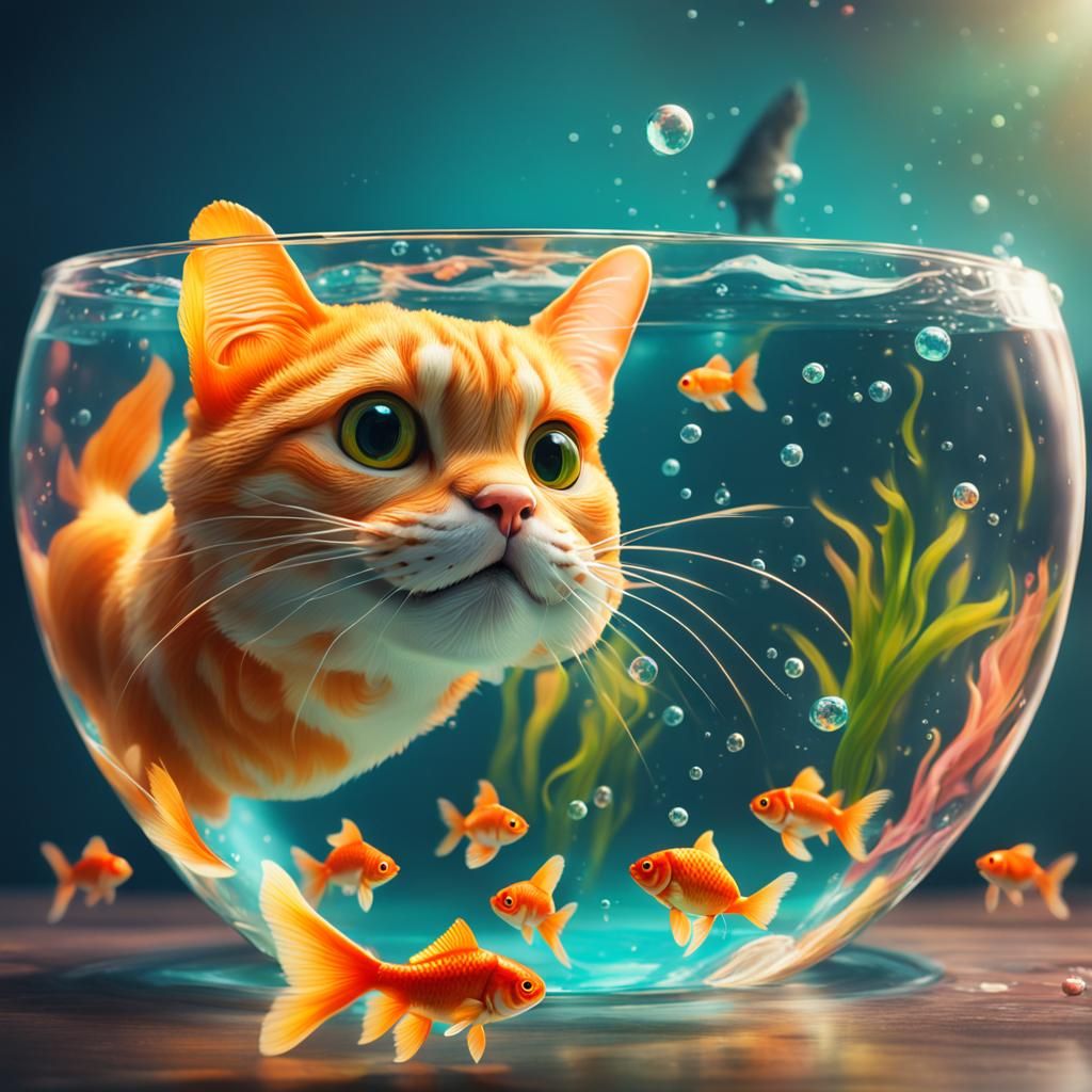 Fantasy Goldfish and Cat: Hyperrealistic Concept Art