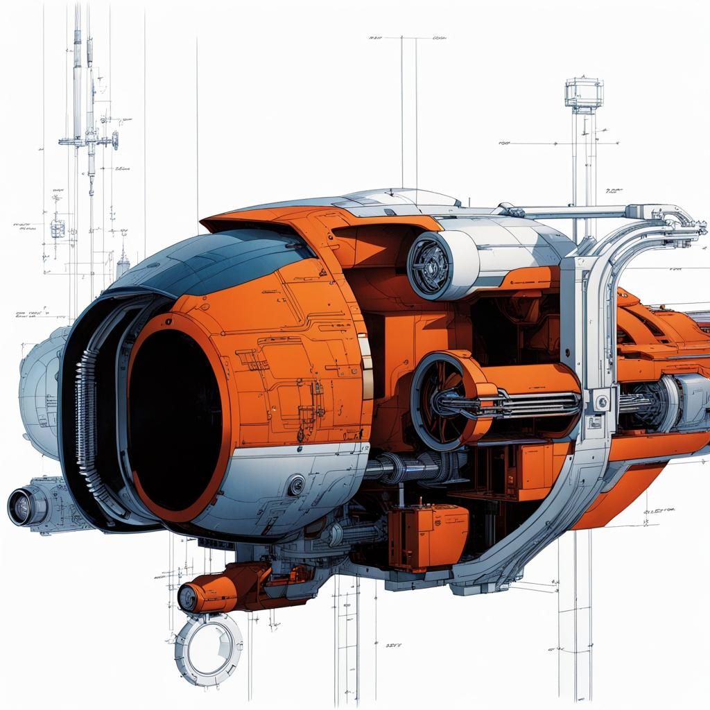 Cyberpunk Engine Technical Blueprint Illustration