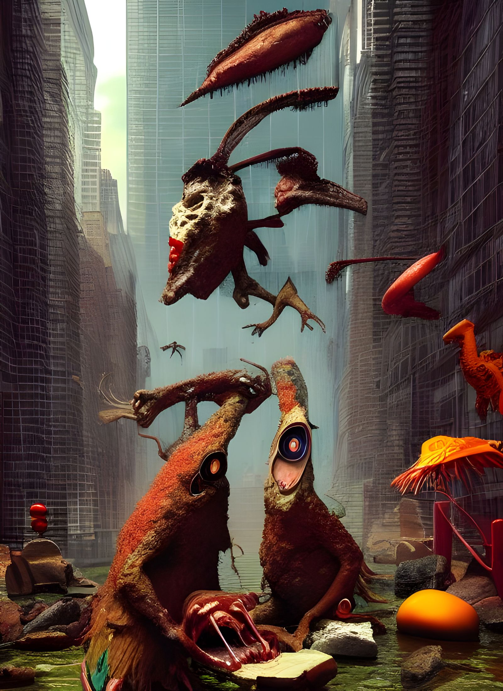 Futuristic Cityscape with Bizarre Creatures in Lam Qua Style