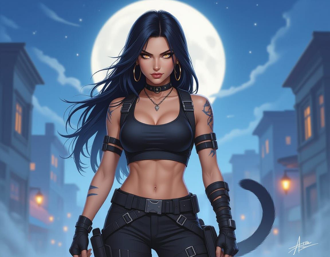 Feral Woman with Feline Tail in Urban Night