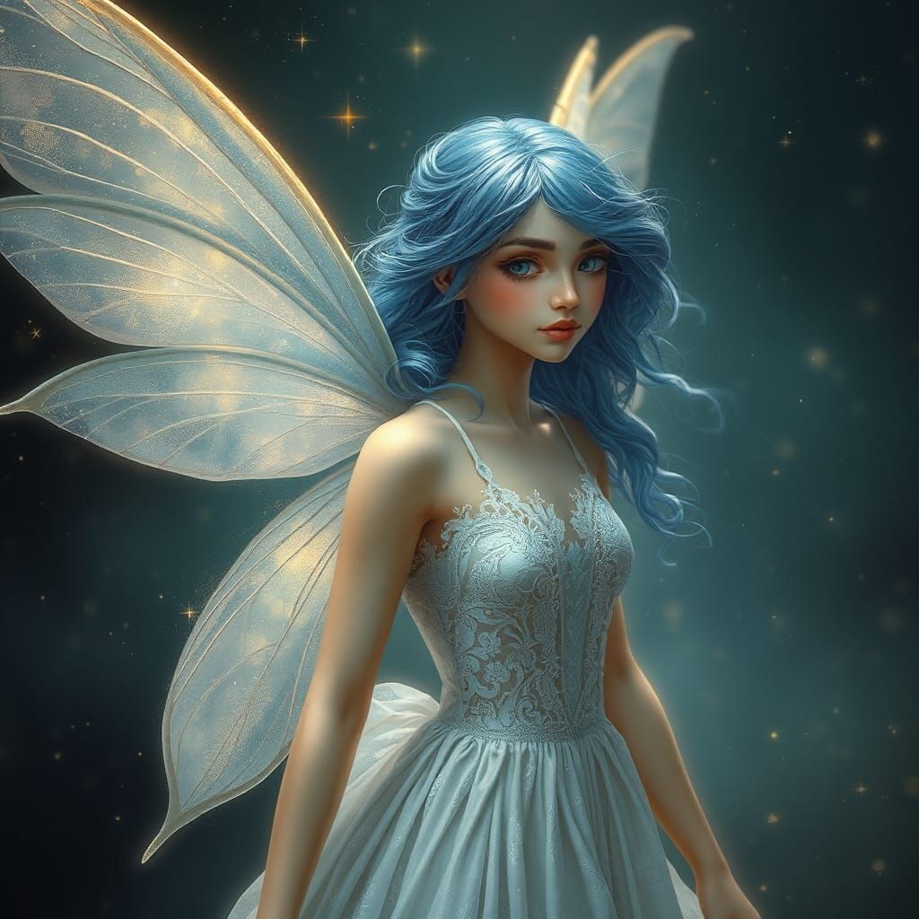 Iridescent Fairy in Dreamlike Celestial Setting