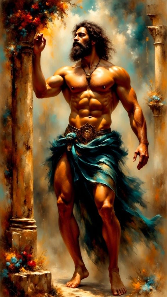 Bearded Greek God in Epic Combat Fresco