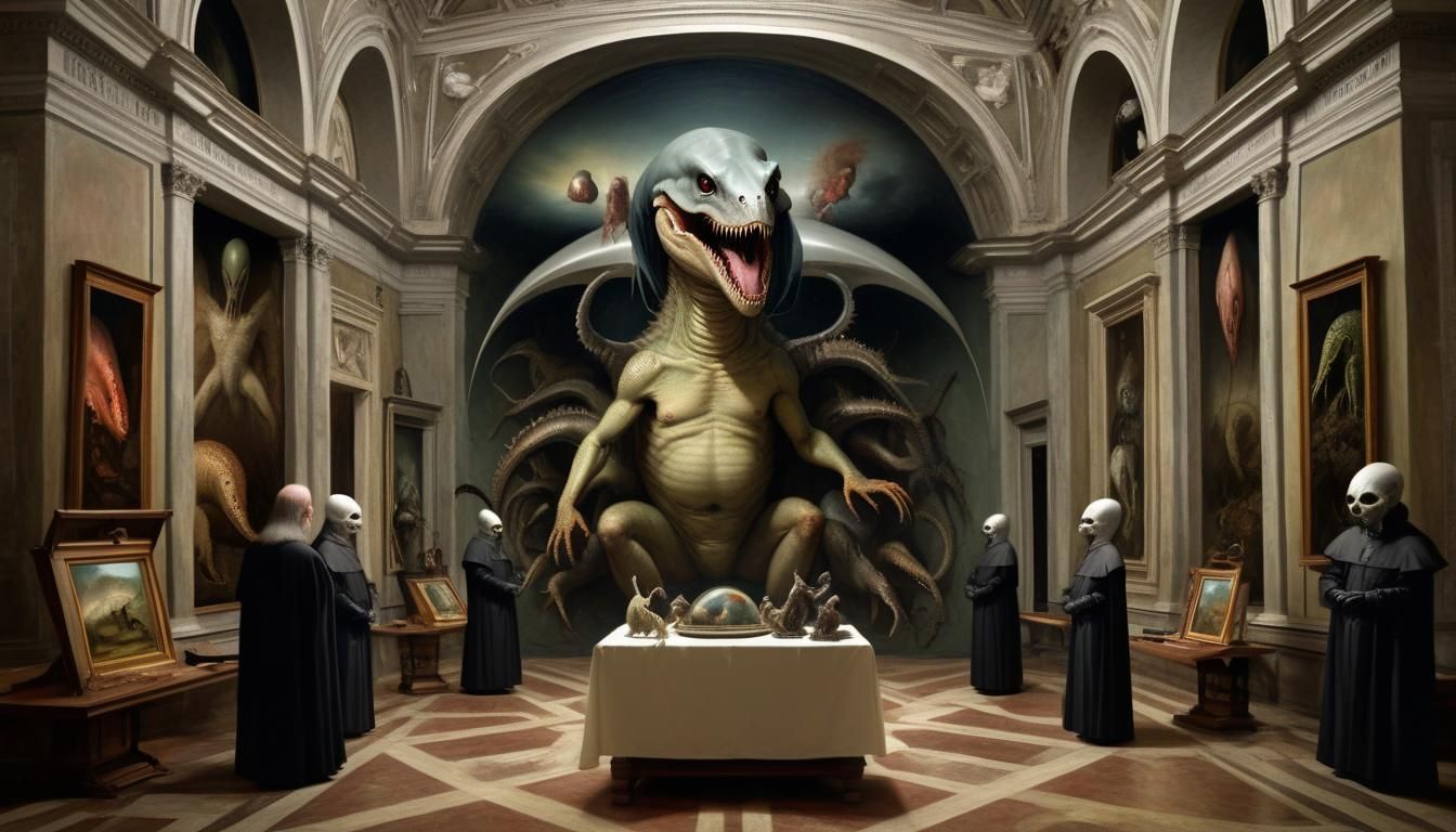 Reptilian Conspiracy at the Vatican: Surreal Oil Painting