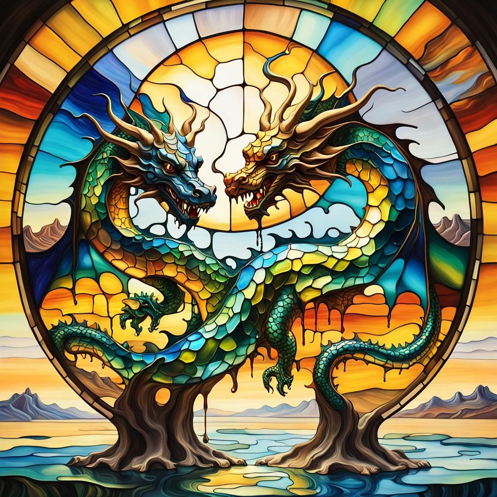 Surreal Three-Headed Stained Glass Dragon