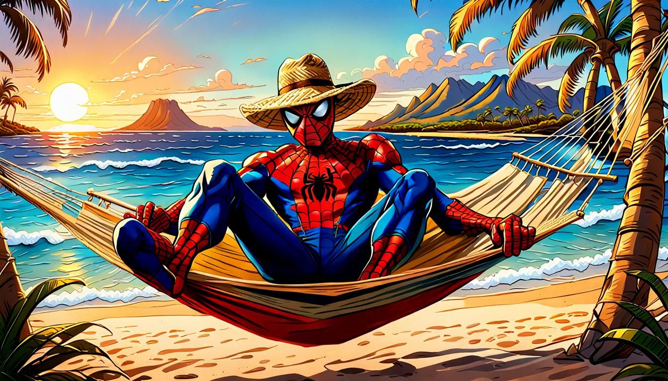 Spiderman Relaxing in Hawaii: Comic Book Art