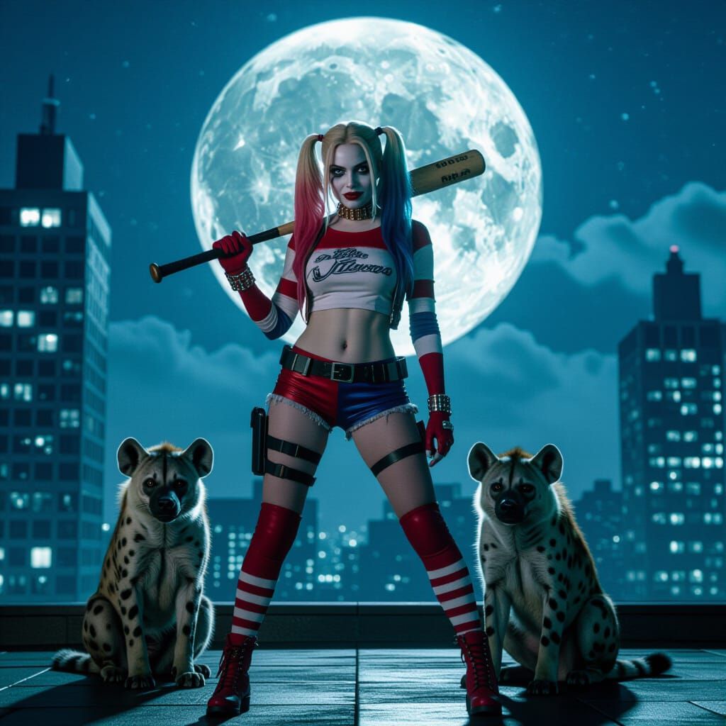 Harley Quinn with Hyenas on Skyscraper Rooftop