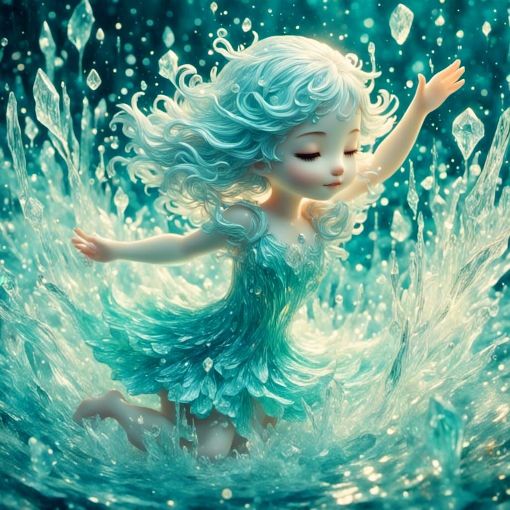 Crystal Woman Leaping Happily on Sparkling Beach