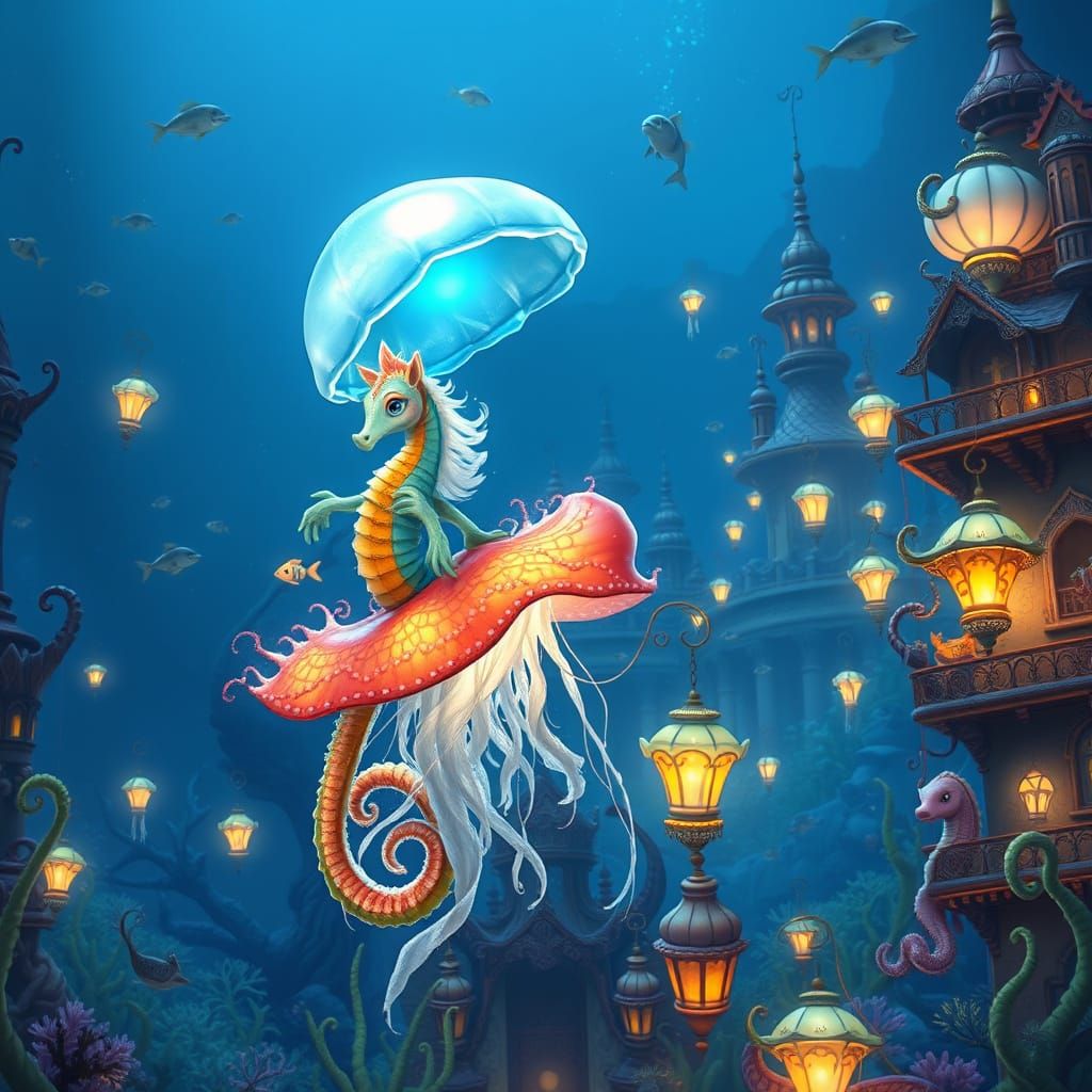 Seahorse Adventurer Rides Bioluminescent Jellyfish through V...