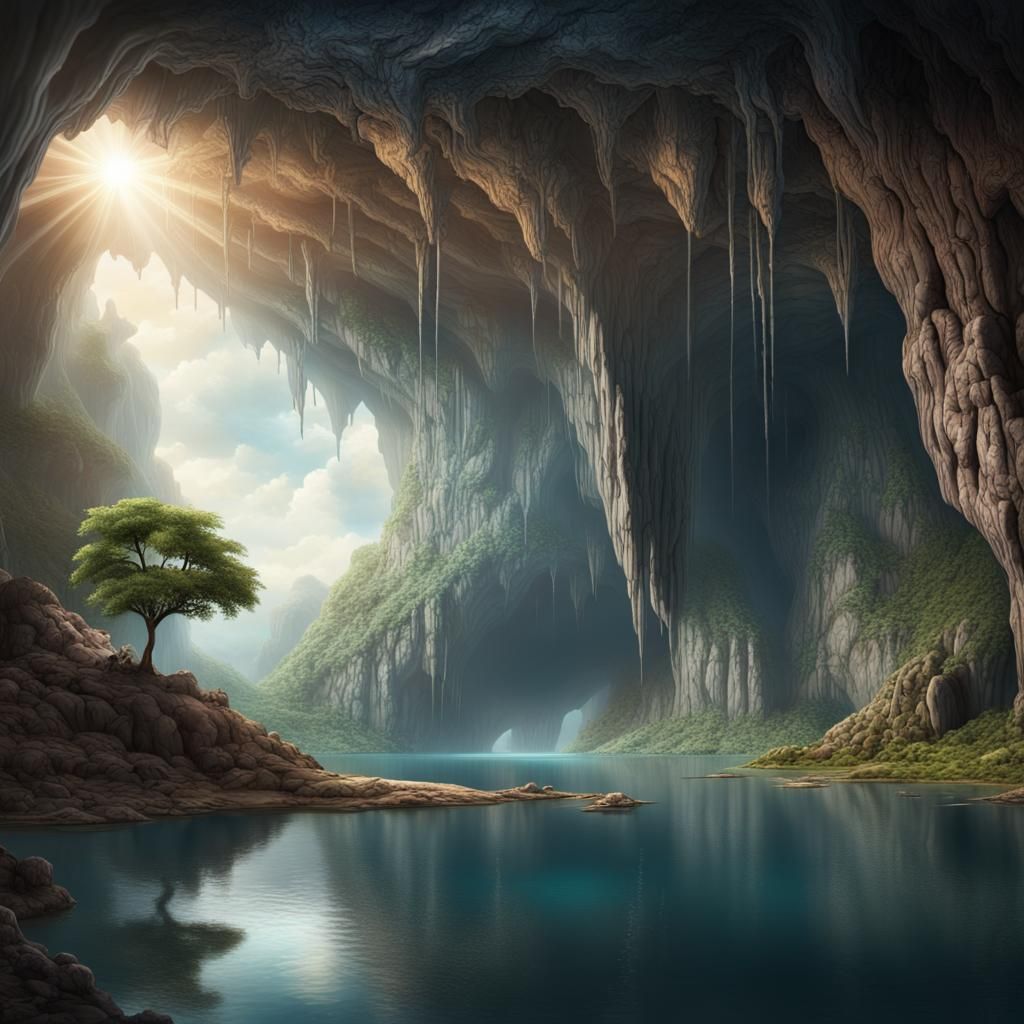 Epic Cave Lake with Light and Island Tree