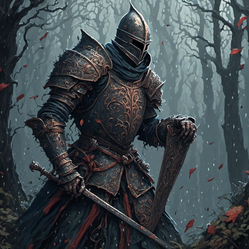 Scary Holy Knight in Rainy Forest