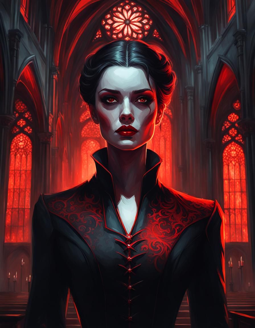 Vampire Portrait in Cathedral, Gothic Art Style