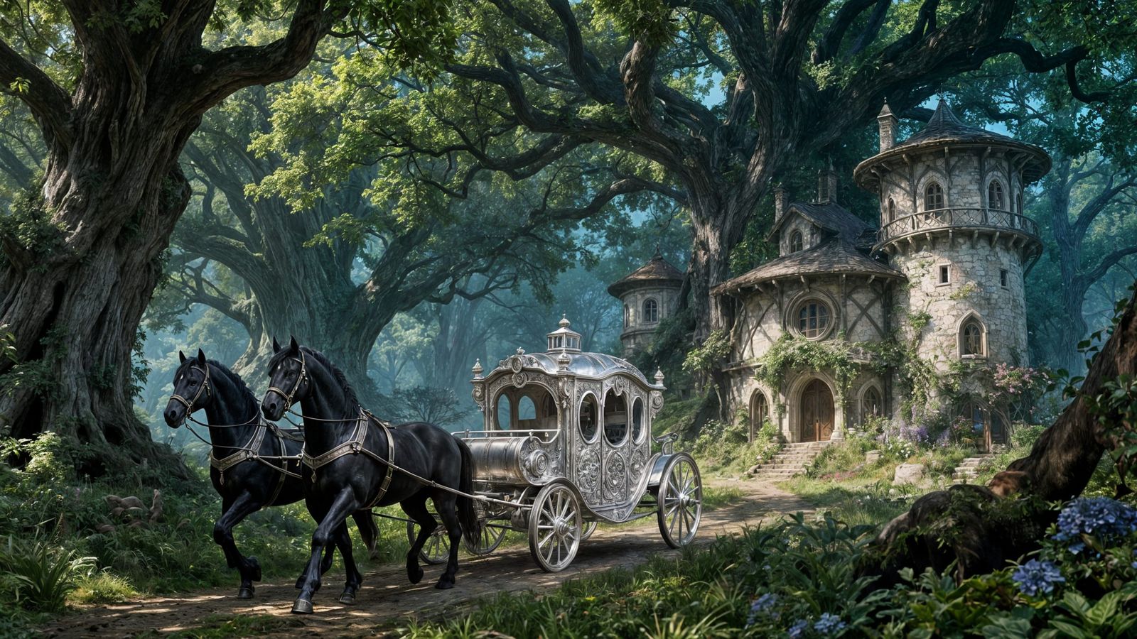 Antique Silver Carriage Pulled by Black Stallions, Fantasy A...