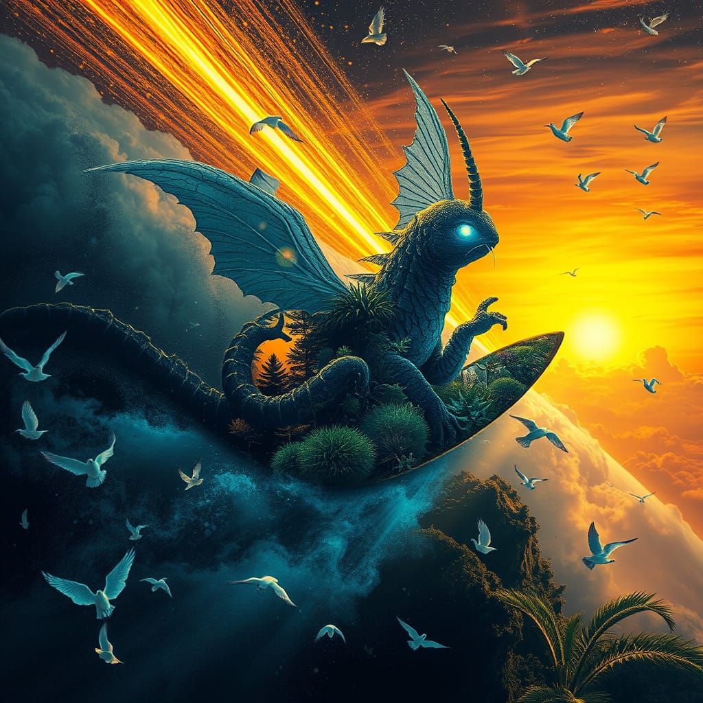 Mystical Surfer on Comet's Tail in Cosmic Stardust