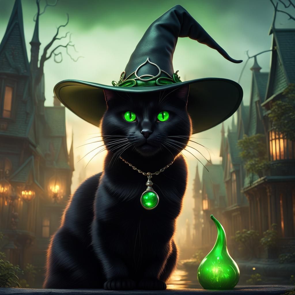 Black Cat in Witch Hat: Fantasy Concept Art